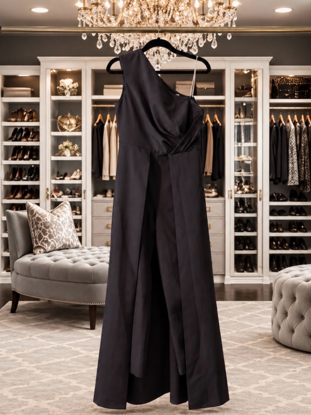 Kay Unger Black One-Shoulder Evening Jumpsuit